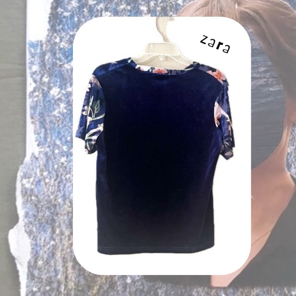 🆕 Zara • blue & pink floral print velvet short sleeve blouse top - Picture 4 of 16
